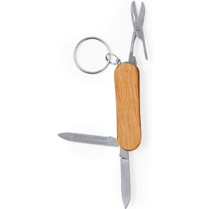 A multitool keyring with a wooden handle, silver blades, and scissors, featuring a keyring attachment.