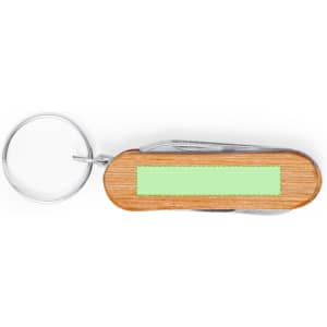 A wooden multitool keyring with a metal keyring attachment and a blank green area on the side.