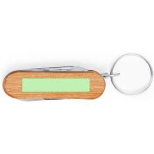 A wooden multitool keyring with a silver ring, featuring multiple tools and a blank area for customisation.