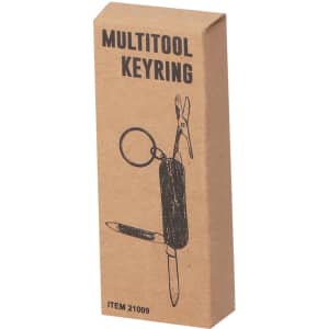 A brown cardboard box containing a black multitool keyring with scissors and a pen. The box features a simple graphic.