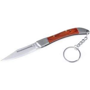 A pocket knife keyring with a silver blade and a wooden handle attached to a metal keyring.