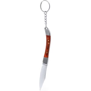 A pocket knife keyring with a silver blade and a wooden handle, attached to a metal chain.