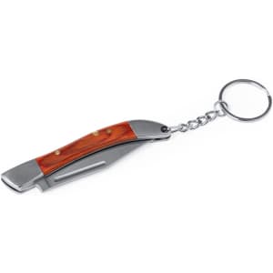 A pocket knife keyring with a chrome finish and a wooden handle, attached to a metal chain and keyring.