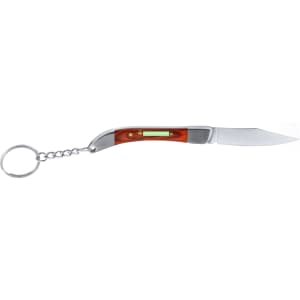 A pocket knife keyring with a silver blade and a brown handle, featuring a round keyring attachment.