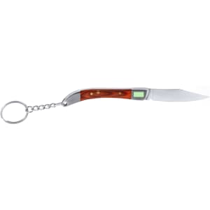 A pocket knife keyring with a silver blade and a wooden handle, attached to a metal keyring.