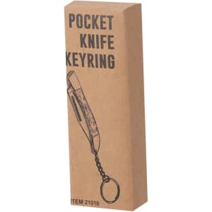 A boxed pocket knife keyring with a metal chain, featuring a simple design and natural cardboard packaging.