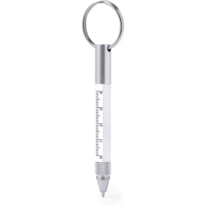 A multifunction pen in silver, featuring a keyring attachment and a measuring scale along the barrel.