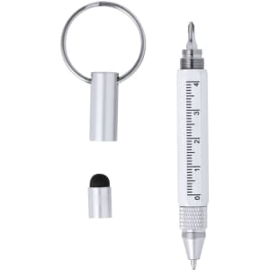 A silver multifunction pen with a ruler, stylus tip, and keyring attachment. The design is sleek and modern.