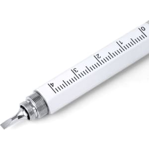 A white multifunction pen with a ruler design and a silver tip, featuring a logo on the barrel.