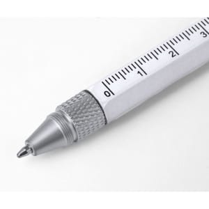 A silver multifunction pen with a ruler design and a textured grip, featuring a logo on the side.
