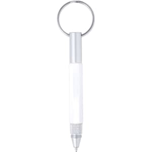 A metal multifunction pen in white, featuring a keyring attachment and silver accents.