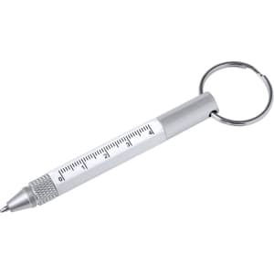 A silver multifunction pen with a keyring attachment, featuring a measuring scale along its body.