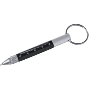 A multifunction metal pen in black and silver with a keyring and measurement scale.