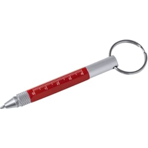 A red multifunction pen with a silver keyring and a ruler printed along its side.
