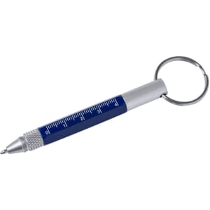 A blue multifunction pen with a keyring attachment and a measuring scale on the barrel. It features a silver tip and accents.