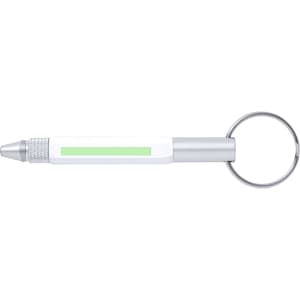 A white and silver multifunction pen with a keyring attachment and a green accent.