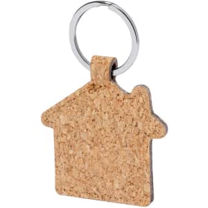 A cork keyring shaped like a house with a metal keyring attachment.