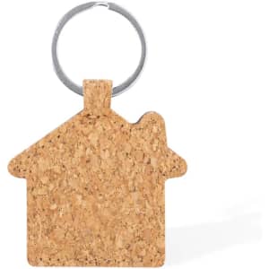 A cork keyring shaped like a house, featuring a metal keyring attachment. The natural texture is prominent.