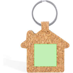 Cork keyring shaped like a house with a silver keyring attachment, featuring a green square area for customisation.