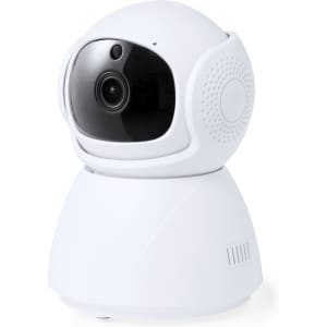 A white smart camera featuring a spherical lens and a stable base, equipped with a textured section for grip.