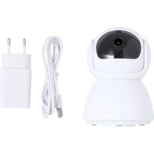 A white smart camera with a round lens, accompanied by a power adapter and a USB cable.