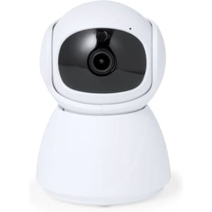 A smart camera in white with a rounded design and a black lens, featuring a logo on the front.