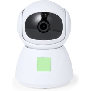 A white smart camera with a rounded design and a black lens. It features a minimalist aesthetic.