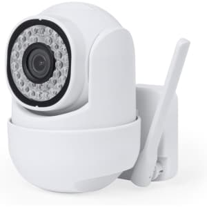 A white security camera with a rounded design, featuring a lens surrounded by LED lights and an antenna.