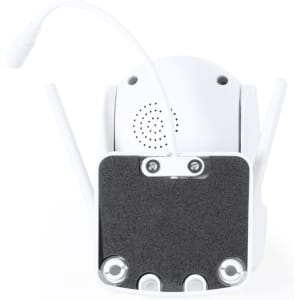 A white smart camera with antennas and a textured black base for stability, featuring a small speaker.