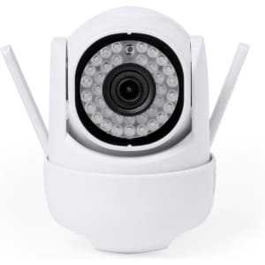 A white smart camera with an adjustable lens and LED lights, featuring antennas on either side.