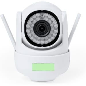 A white smart camera with a round lens and multiple LED lights, featuring antenna-like structures on the sides.