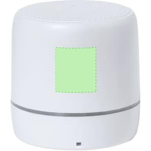 A white Kucher speaker featuring a smooth design and a metallic band around the middle. It has a logo on it.
