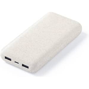 A white power bank with a textured surface and two USB ports, featuring a logo.