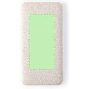A power bank in a light grey finish, featuring a rectangular area and four indicator lights, with a logo present.