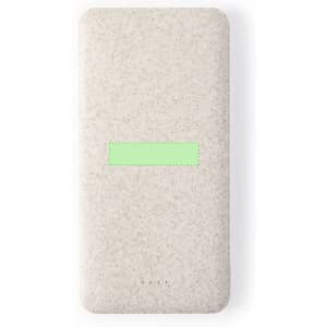 A light grey power bank with a plain surface and a small green logo on the front. It has indicator lights at the bottom.