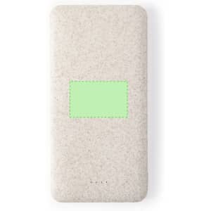 A power bank in a light beige colour with a green square section and a logo on the surface.