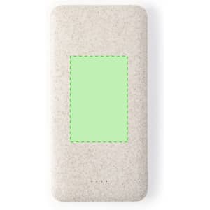 A light grey power bank with a rectangular green section and a logo, featuring a sleek and minimalistic design.