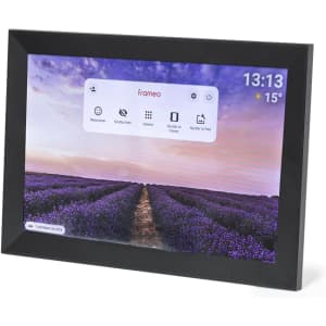 A digital photo frame with a black border displaying a scenic lavender field and a menu interface.