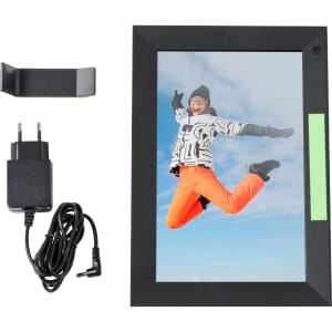 A digital photo frame in black, featuring a vibrant image of a person jumping, with a power cable and stand included.