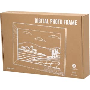A brown cardboard box containing a digital photo frame, featuring a simple line-drawn design on the front.