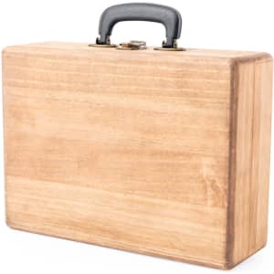 A wooden case with a black handle, featuring a simple design and natural wood finish.