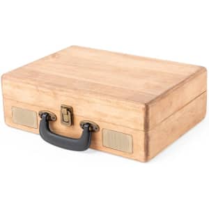 A wooden case with a black handle and speaker grilles on the sides, designed for the Vinilux Record Player.
