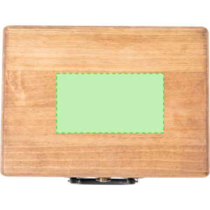 A wooden box with a smooth finish, featuring a rectangular green section and a metal latch.