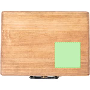 A wooden record player with a green patch and a clasp for secure closure. It features a natural finish.