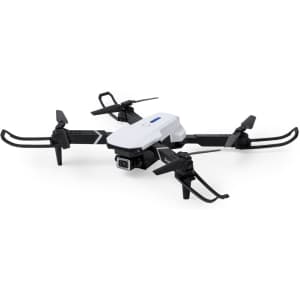 A white drone with black propellers and a camera, featuring a sleek design and compact build.