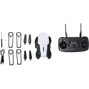A drone in white with a black controller, includes extra propellers and accessories. The controller features a logo.