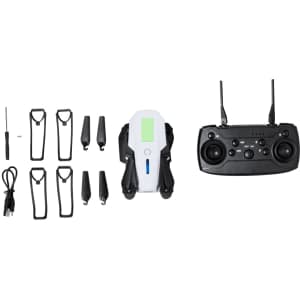 A grey and black drone with a controller, spare propellers, and accessories displayed on a white background.