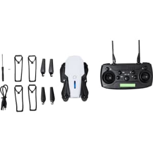 A compact white drone with black accents, accompanied by a remote controller and additional propeller guards and tools.