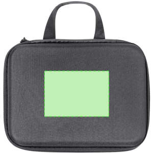 A black zippered case with a handle, featuring a blank green area for custom branding. Suitable for tech accessories.