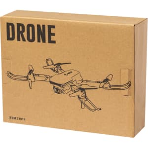 A brown cardboard box featuring an illustration of a drone. The box has a simple, minimalistic design.